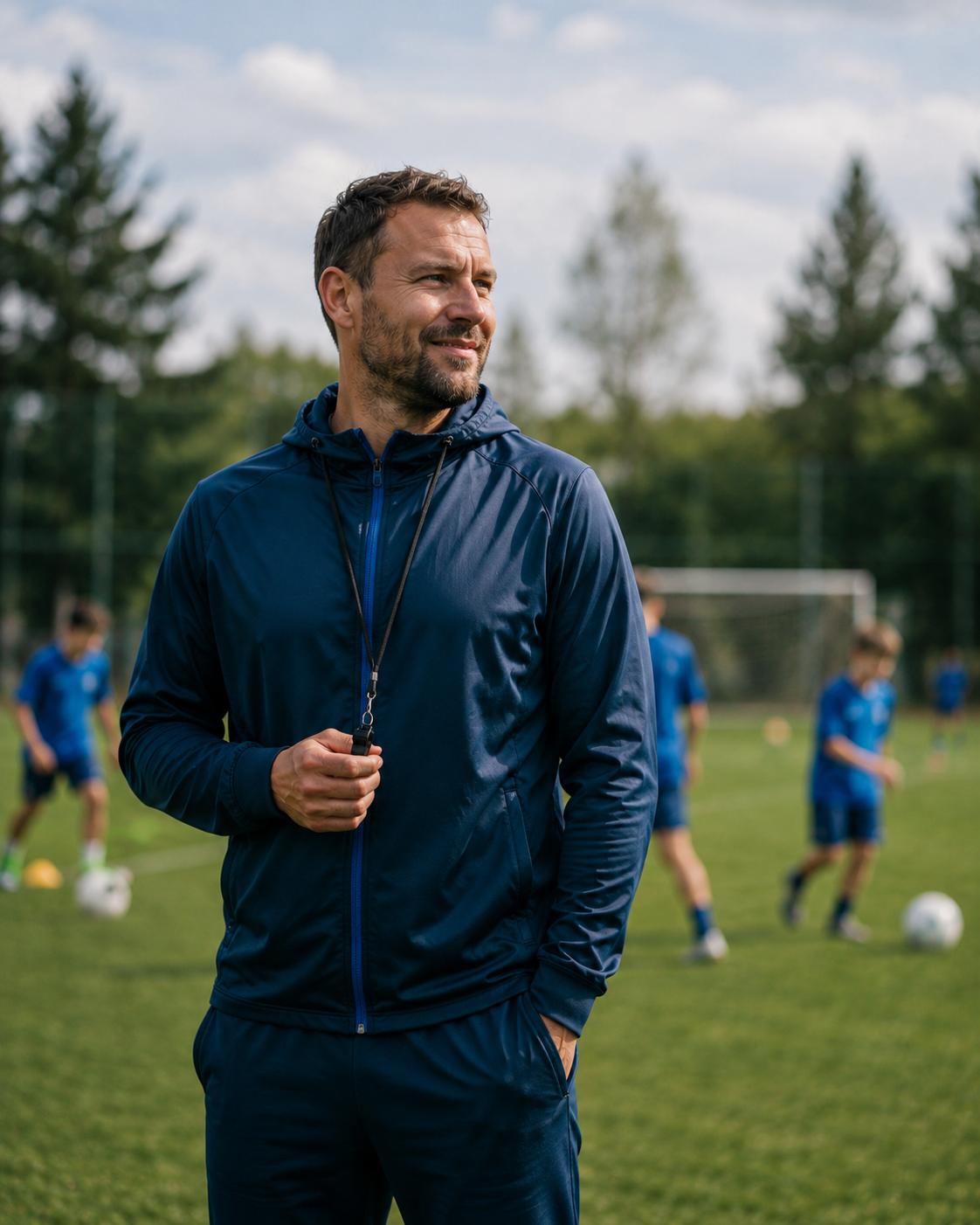 Spokojný futbalový tréner na tréningovom ihrisku