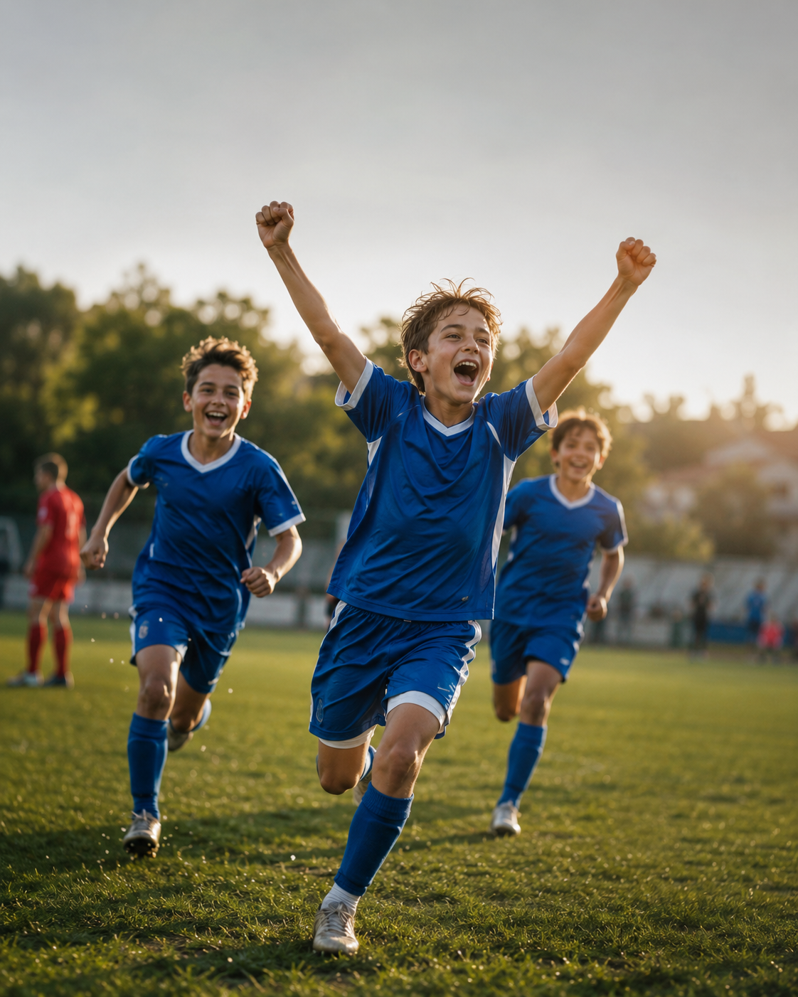 Mladí futbalisti oslavujú gól na ihrisku