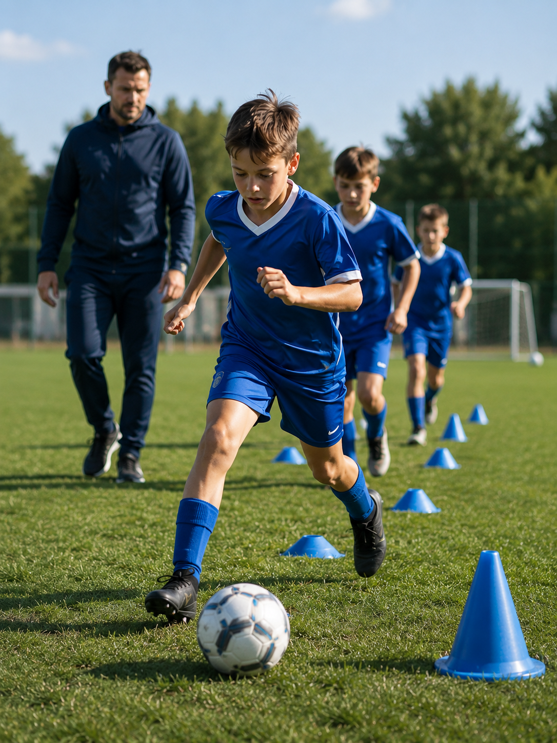Deti na futbalovom tréningu s kužeľmi